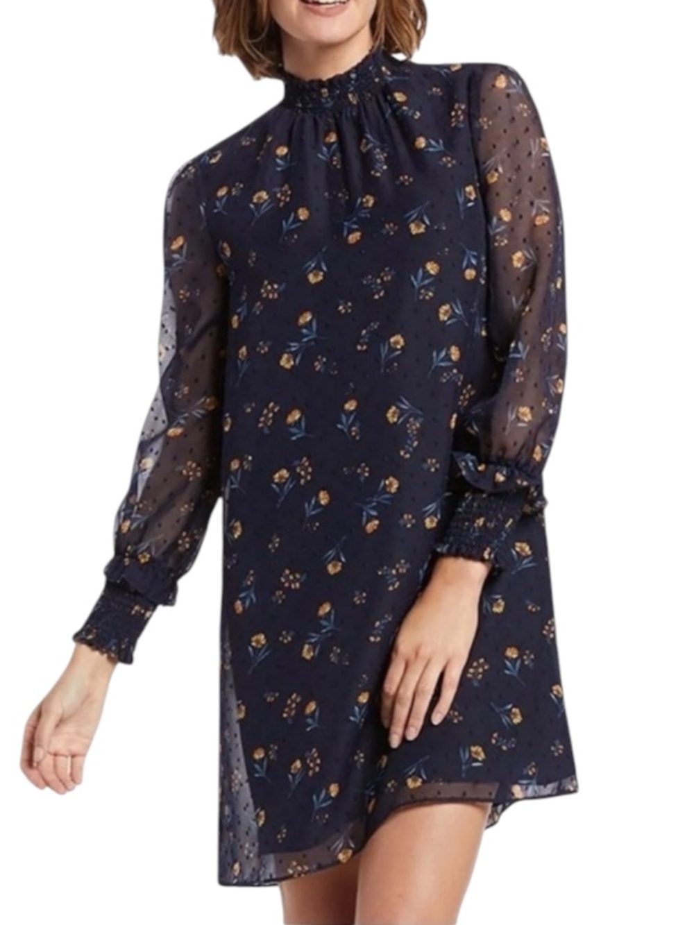 DRAPER JAMES Swiss Dot Field of Flowers  Smocked Dress in Nassau Navy Size MED